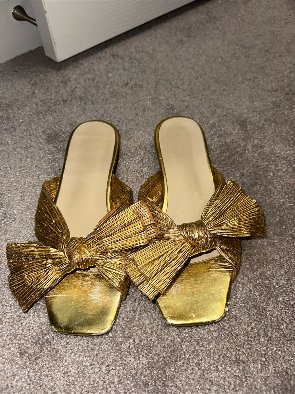 Loeffler Randall Metallic Gold Bow Slide Mules